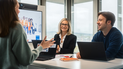 Drei Personen im Gespräch am Hochtisch
